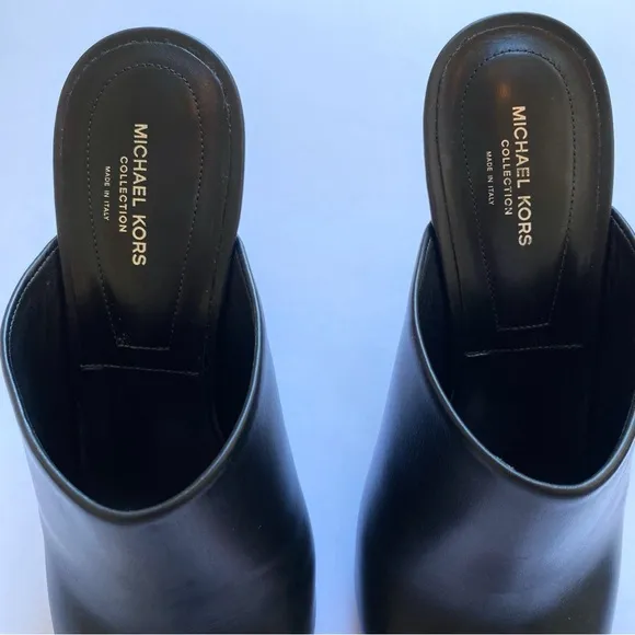 MICHAEL KORS COLLECTION BLACK LEATHER TINA RUNWAY SLIDE HEEL MULES