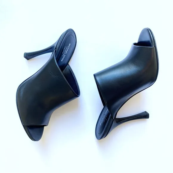 MICHAEL KORS COLLECTION BLACK LEATHER TINA RUNWAY SLIDE HEEL MULES