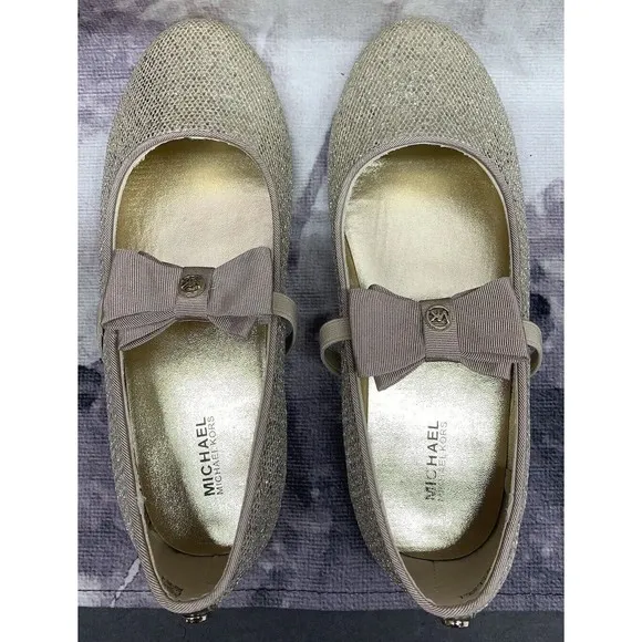 Michael Kors Kids Ballet Flats Girls 3 Sand Silver Rover Day Mary Jane Slip-Ons