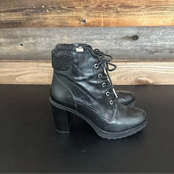 Michael Kors Kim Leather Lace Up Block Heel Bootie Shoes Black Women’s 9 M