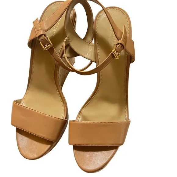 Michael Kors Kristy Leather Tan Wedge Open Toe Espadrille Sandals Size 11