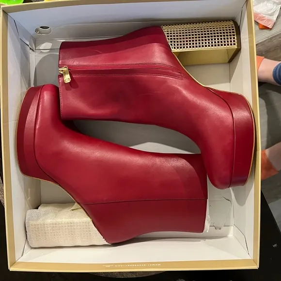 Michael Kors Maxine Leather Platform Red and Gold Designer Bootie Size 10M