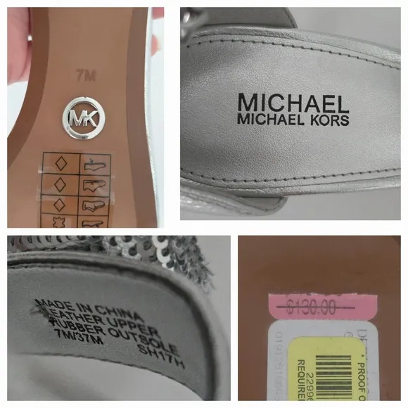 Michael Kors Metallic Silver Sequin Bow Ankle Strap Open-Toe Stiletto High Heels
