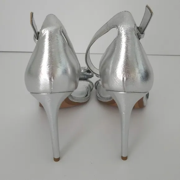 Michael Kors Metallic Silver Sequin Bow Ankle Strap Open-Toe Stiletto High Heels
