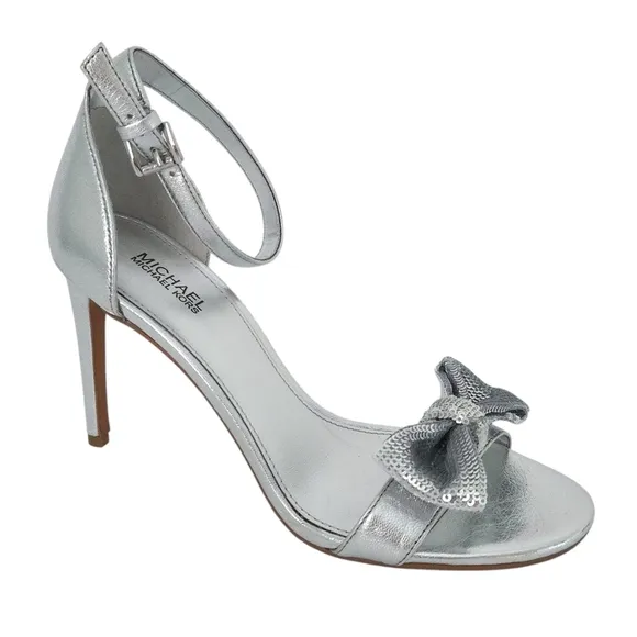 Michael Kors Metallic Silver Sequin Bow Ankle Strap Open-Toe Stiletto High Heels