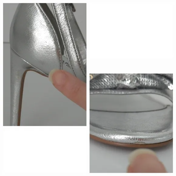Michael Kors Metallic Silver Sequin Bow Ankle Strap Open-Toe Stiletto High Heels