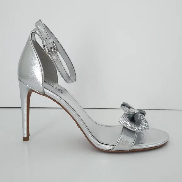 Michael Kors Metallic Silver Sequin Bow Ankle Strap Open-Toe Stiletto High Heels