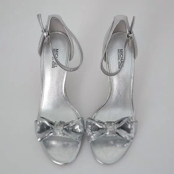 Michael Kors Metallic Silver Sequin Bow Ankle Strap Open-Toe Stiletto High Heels