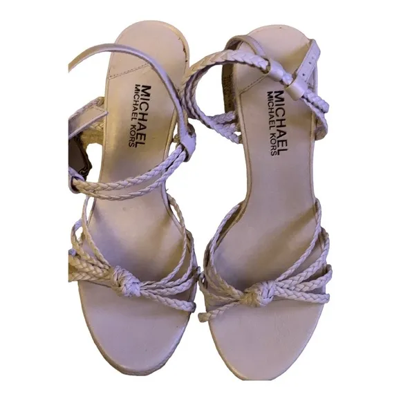 Michael Kors Rafipa Platform Toe Buckle Sandals - Size 6.5, Beige Leather