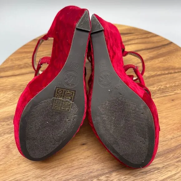 Michael Kors Sandals Womens Size 9.5 M Red Velvet Wedge Platform Heels