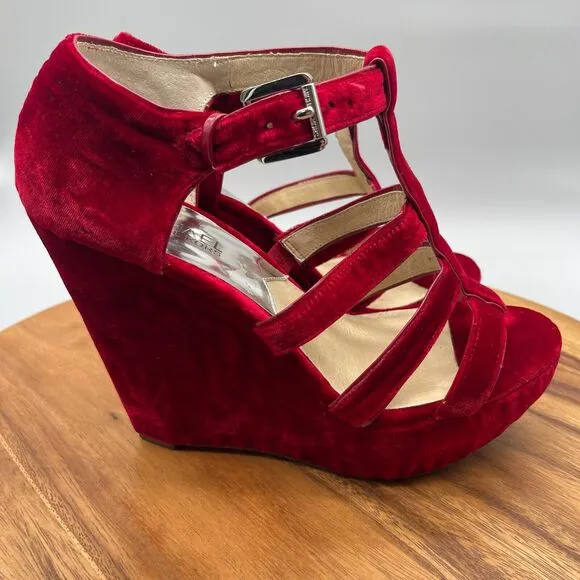 Michael Kors Sandals Womens Size 9.5 M Red Velvet Wedge Platform Heels