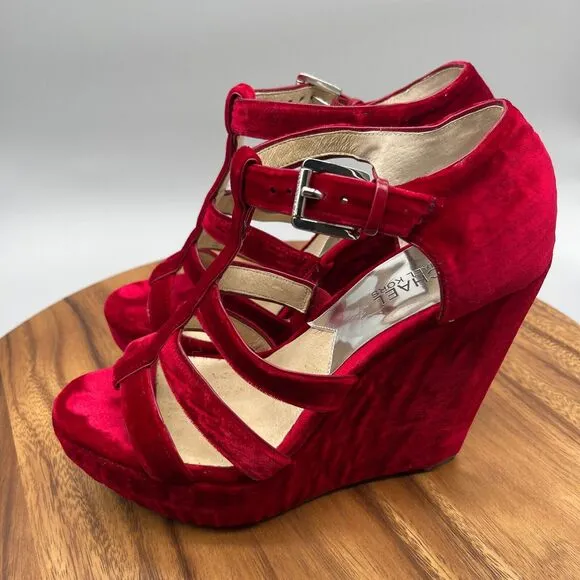 Michael Kors Sandals Womens Size 9.5 M Red Velvet Wedge Platform Heels
