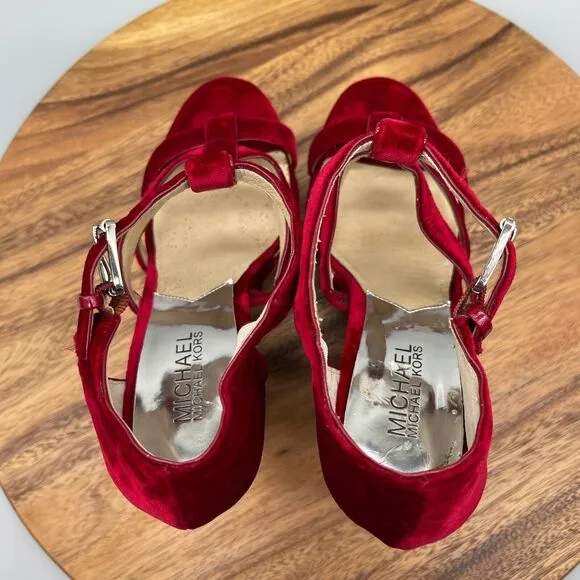 Michael Kors Sandals Womens Size 9.5 M Red Velvet Wedge Platform Heels