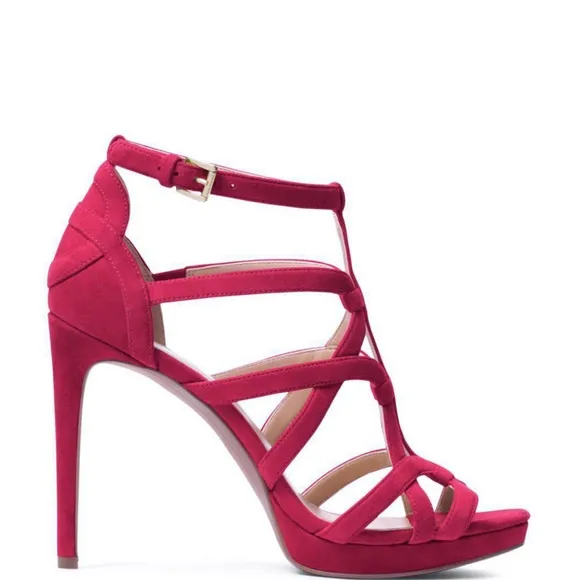 Michael Kors Sandra Silhouette Platforms Red Burgundy Suede Leather Sandals Heel