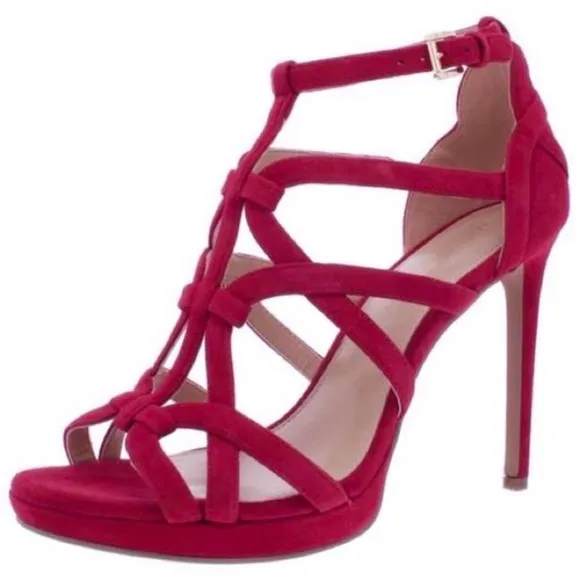 Michael Kors Sandra Silhouette Platforms Red Burgundy Suede Leather Sandals Heel