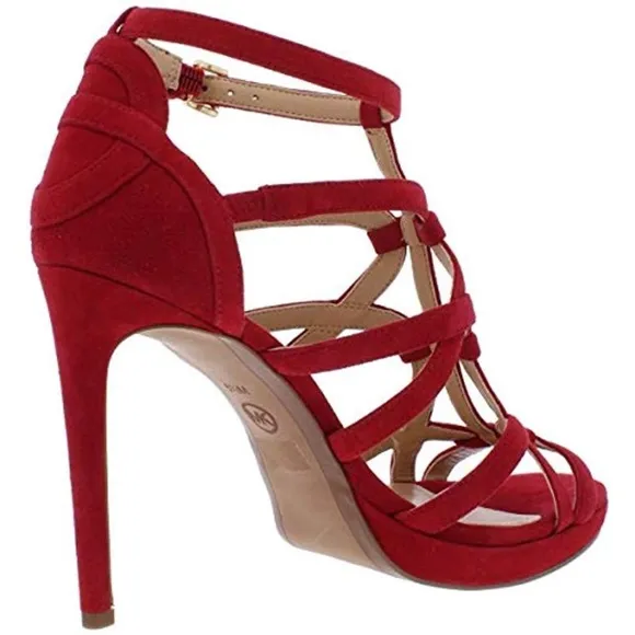 Michael Kors Sandra Silhouette Platforms Red Burgundy Suede Leather Sandals Heel
