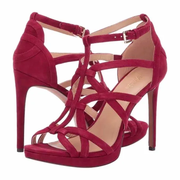 Michael Kors Sandra Silhouette Platforms Red Burgundy Suede Leather Sandals Heel