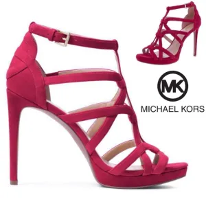 Michael Kors Sandra Silhouette Platforms Red Burgundy Suede Leather Sandals Heel