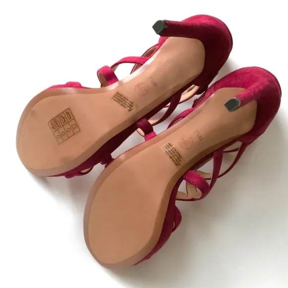 Michael Kors Sandra Silhouette Platforms Red Burgundy Suede Leather Sandals Heel