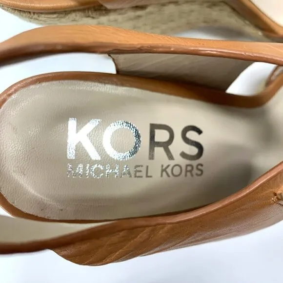Michael Kors Windsor Platform Wedge Espadrille Sandals Tan Leather, Size 9M IOB