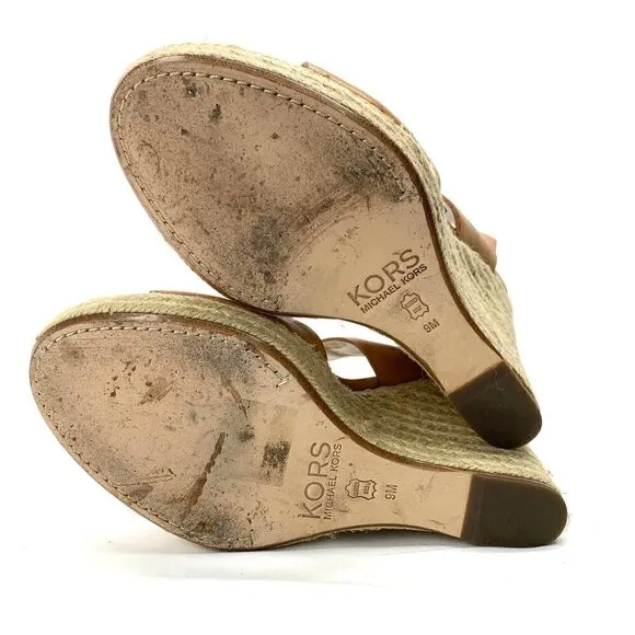 Michael Kors Windsor Platform Wedge Espadrille Sandals Tan Leather, Size 9M IOB