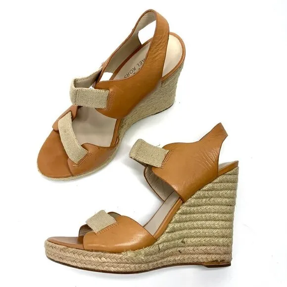 Michael Kors Windsor Platform Wedge Espadrille Sandals Tan Leather, Size 9M IOB