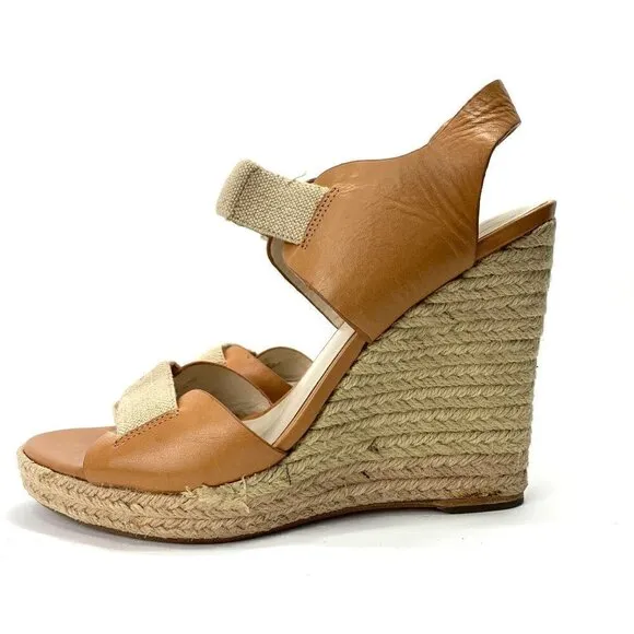 Michael Kors Windsor Platform Wedge Espadrille Sandals Tan Leather, Size 9M IOB