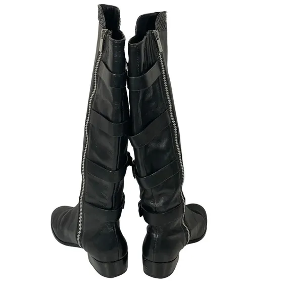 Michael Michael Kors Black Leather Buckle Accent Zip Riding Boots Sz 5