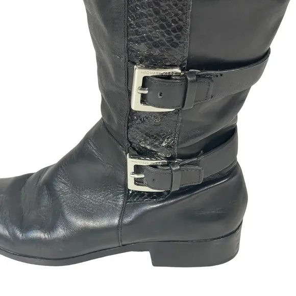 Michael Michael Kors Black Leather Buckle Accent Zip Riding Boots Sz 5