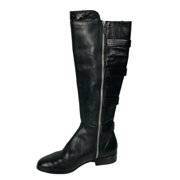 Michael Michael Kors Black Leather Buckle Accent Zip Riding Boots Sz 5