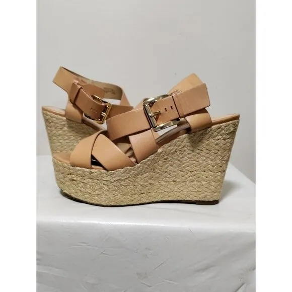 MICHAEL Michael Kors Celia Strappy Wedge Espadrille Sandals Brown Women's Size 6