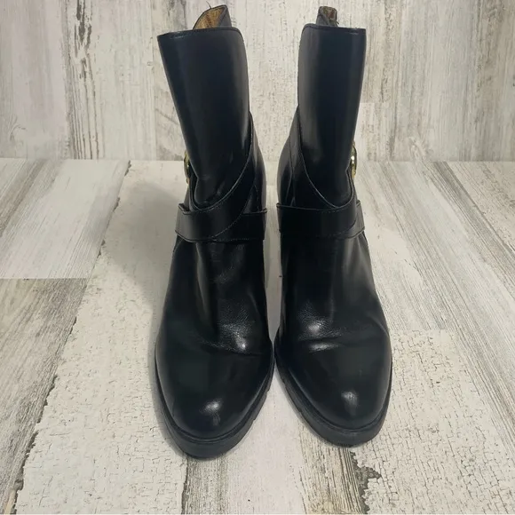 Michael Michael Kors Leather Block Heel Low Boots Black Gold Buckle size 9