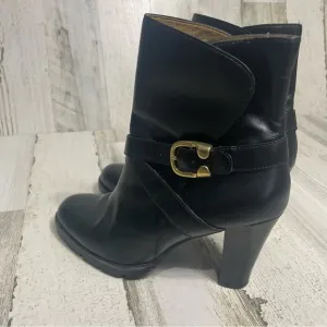Michael Michael Kors Leather Block Heel Low Boots Black Gold Buckle size 9