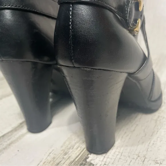 Michael Michael Kors Leather Block Heel Low Boots Black Gold Buckle size 9