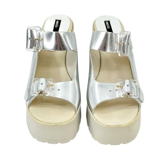 Miista Rachel Foil Silver &amp; Gray Platform Block Heel Leather Sandals