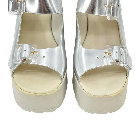 Miista Rachel Foil Silver &amp; Gray Platform Block Heel Leather Sandals