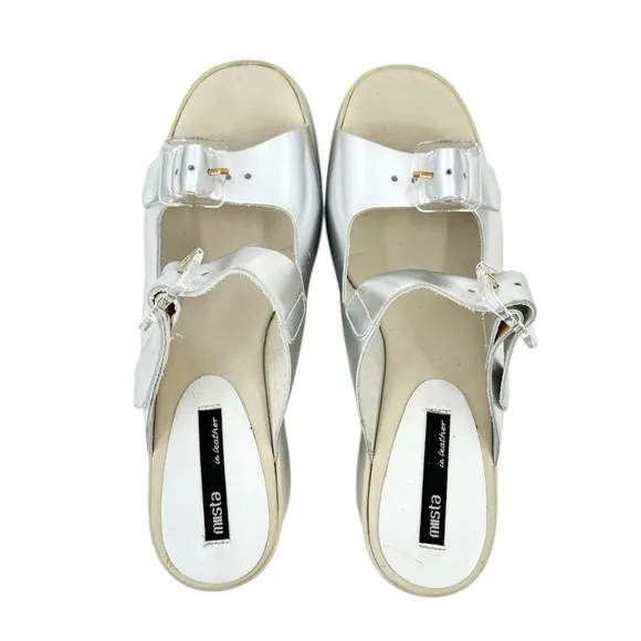 Miista Rachel Foil Silver &amp; Gray Platform Block Heel Leather Sandals