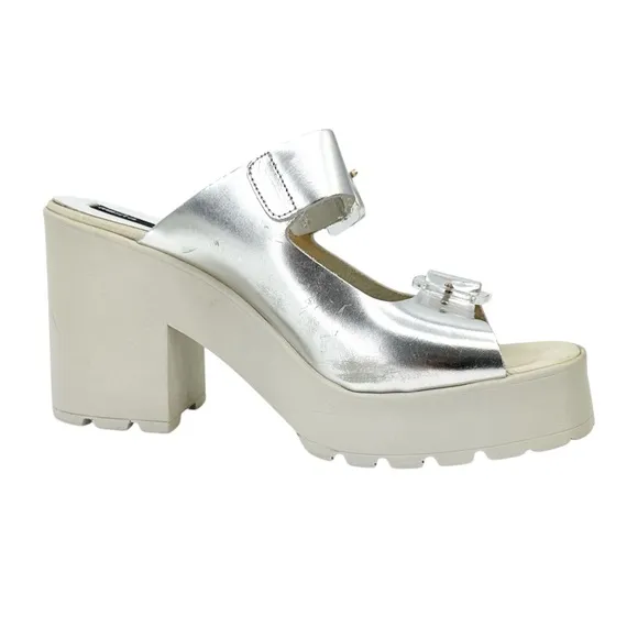 Miista Rachel Foil Silver &amp; Gray Platform Block Heel Leather Sandals