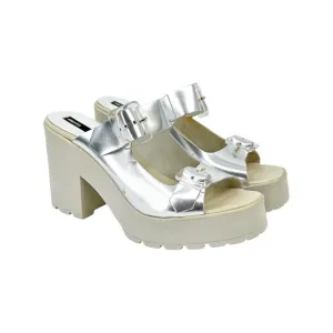 Miista Rachel Foil Silver &amp; Gray Platform Block Heel Leather Sandals