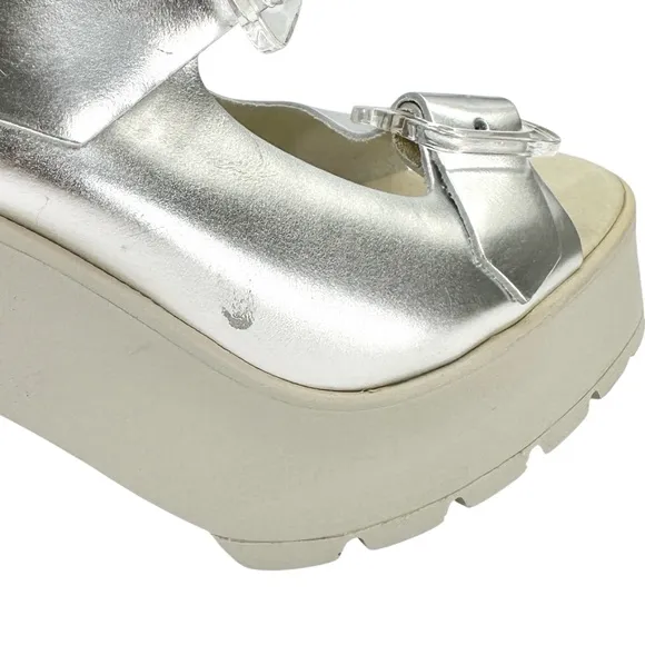 Miista Rachel Foil Silver &amp; Gray Platform Block Heel Leather Sandals
