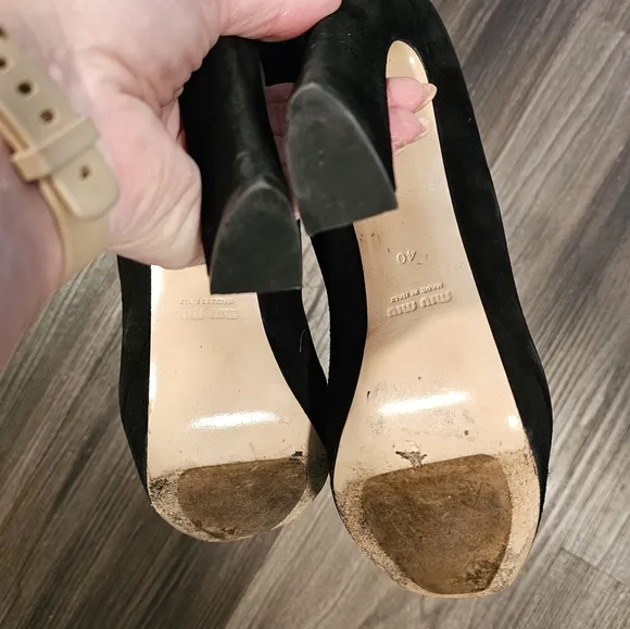 MIU MIU &quot;Camoscio&quot; Platform Peep-Toe Pumos, Black Suede, Size 40 (US 9)