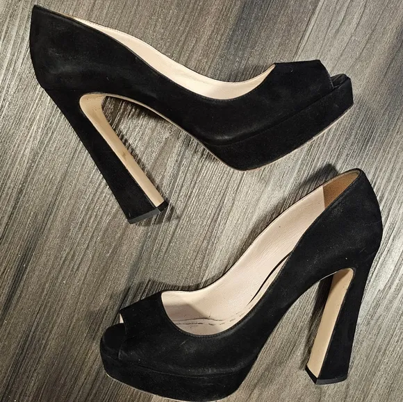 MIU MIU &quot;Camoscio&quot; Platform Peep-Toe Pumos, Black Suede, Size 40 (US 9)