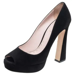 MIU MIU &quot;Camoscio&quot; Platform Peep-Toe Pumos, Black Suede, Size 40 (US 9)