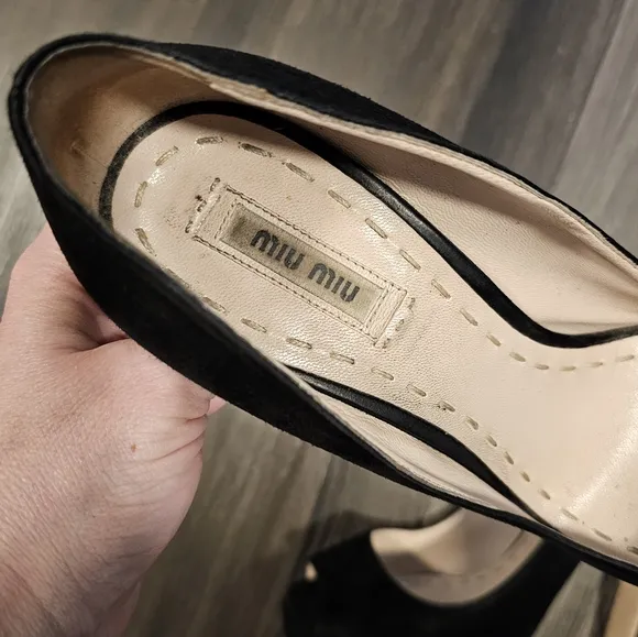 MIU MIU &quot;Camoscio&quot; Platform Peep-Toe Pumos, Black Suede, Size 40 (US 9)