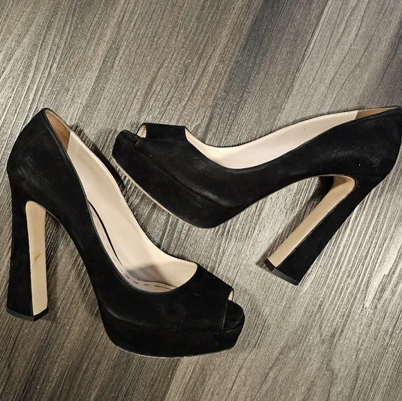 MIU MIU &quot;Camoscio&quot; Platform Peep-Toe Pumos, Black Suede, Size 40 (US 9)