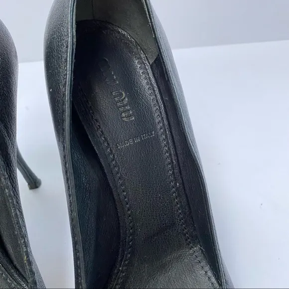 Miu Miu Black Leather High Heel Peep Toe Front Bow Pumps US10 EU40