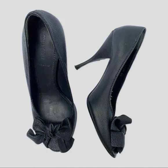 Miu Miu Black Leather High Heel Peep Toe Front Bow Pumps US10 EU40