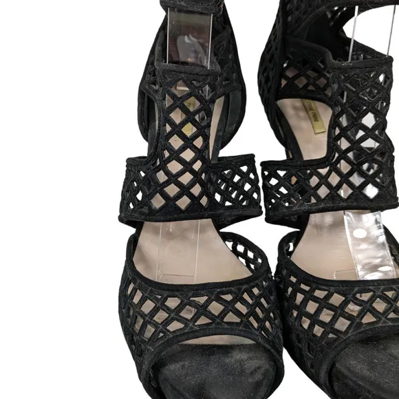 Miu Miu Heels EUR 37.5 Black Caged Stiletto Heel Open Toe Zip Booties Shoes