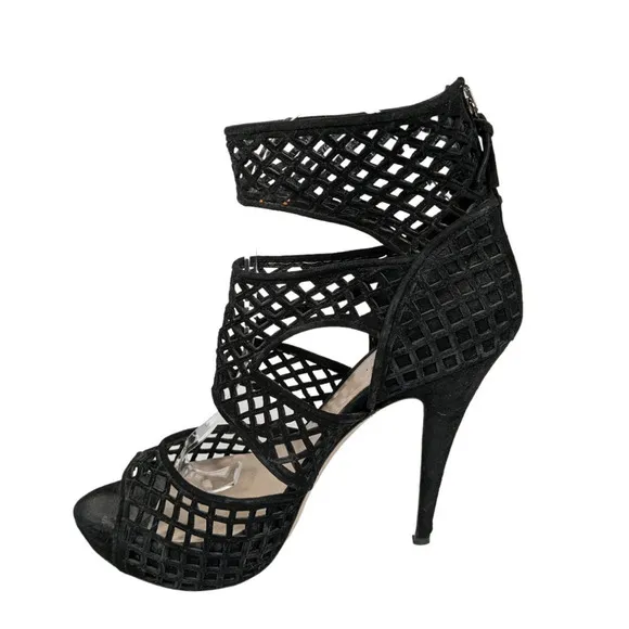 Miu Miu Heels EUR 37.5 Black Caged Stiletto Heel Open Toe Zip Booties Shoes