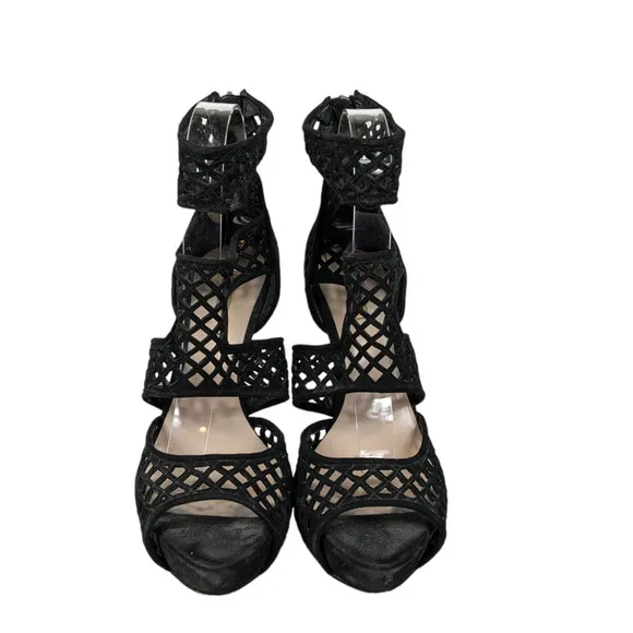 Miu Miu Heels EUR 37.5 Black Caged Stiletto Heel Open Toe Zip Booties Shoes